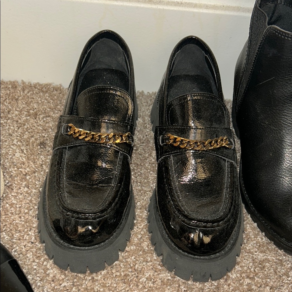 Black Patent Leather Loafers with Gold Chain